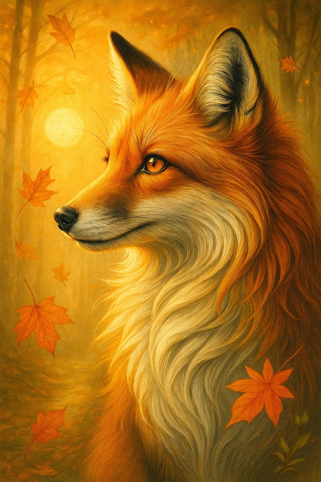 Fuchs mit herbstlichen Blättern – seitliche Ansicht