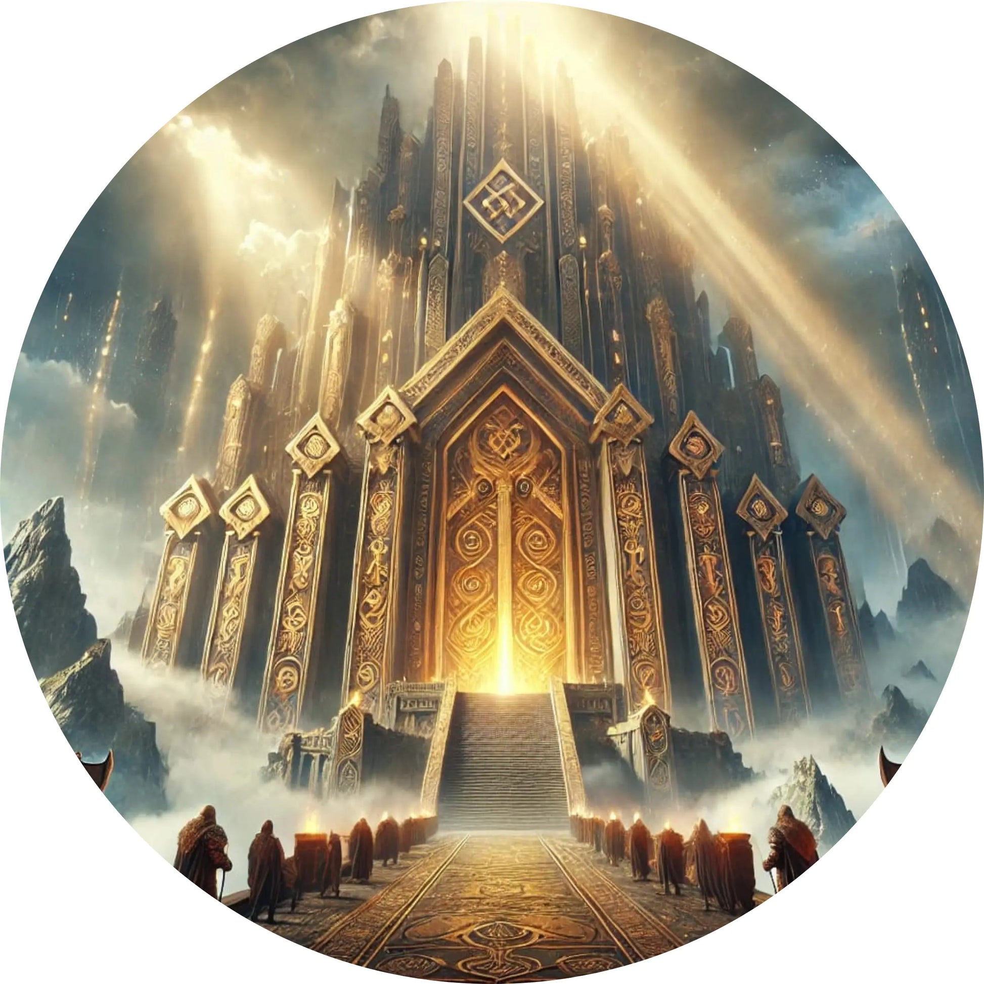 Majestätischer goldener Tempel mit verzierten Toren – Symbol eines göttlichen Palasts in der nordischen Mythologie.“
