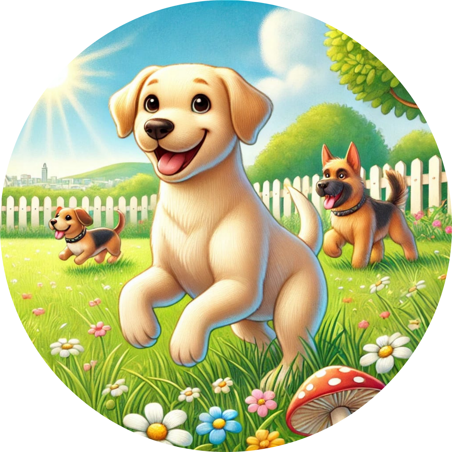 Fröhlicher Golden Retriever mit zwei anderen Hunden auf einer grünen Wiese. Die sonne scheint hell.
