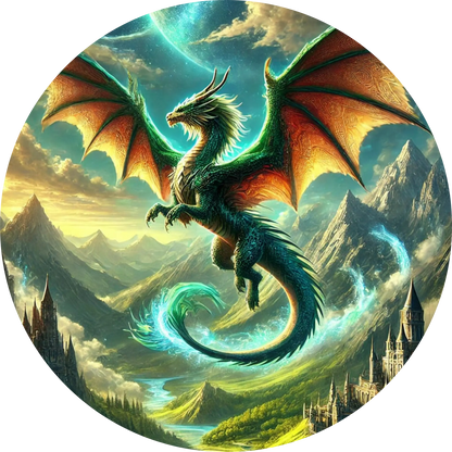  Drache mit grünen Flügeln in Fantasylandschaft