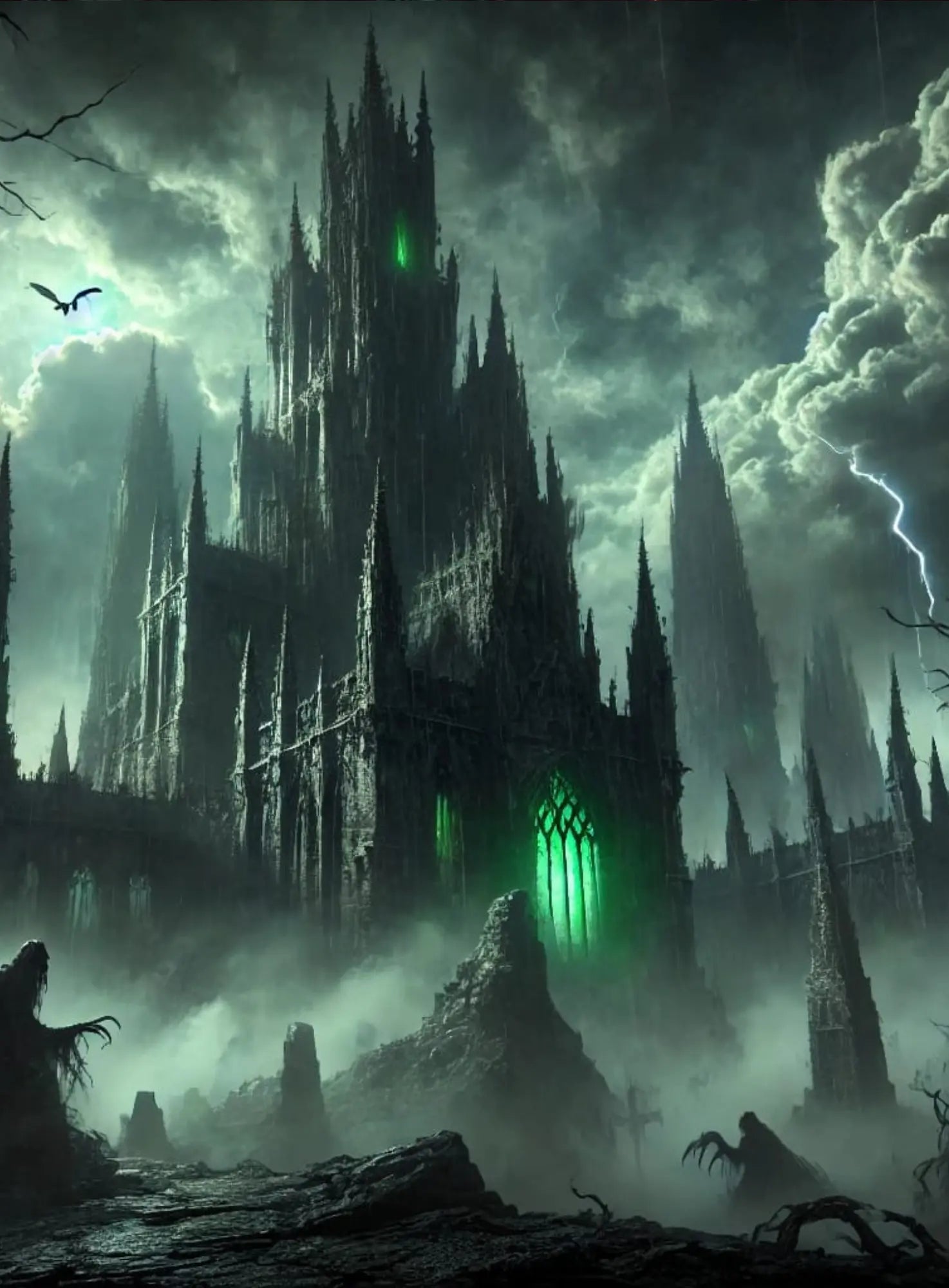 Ein altes Schloss in nebliger Nacht, mystisch von grünem Licht durchzogen. Es scheint lebendig – als würde es dich beobachten.