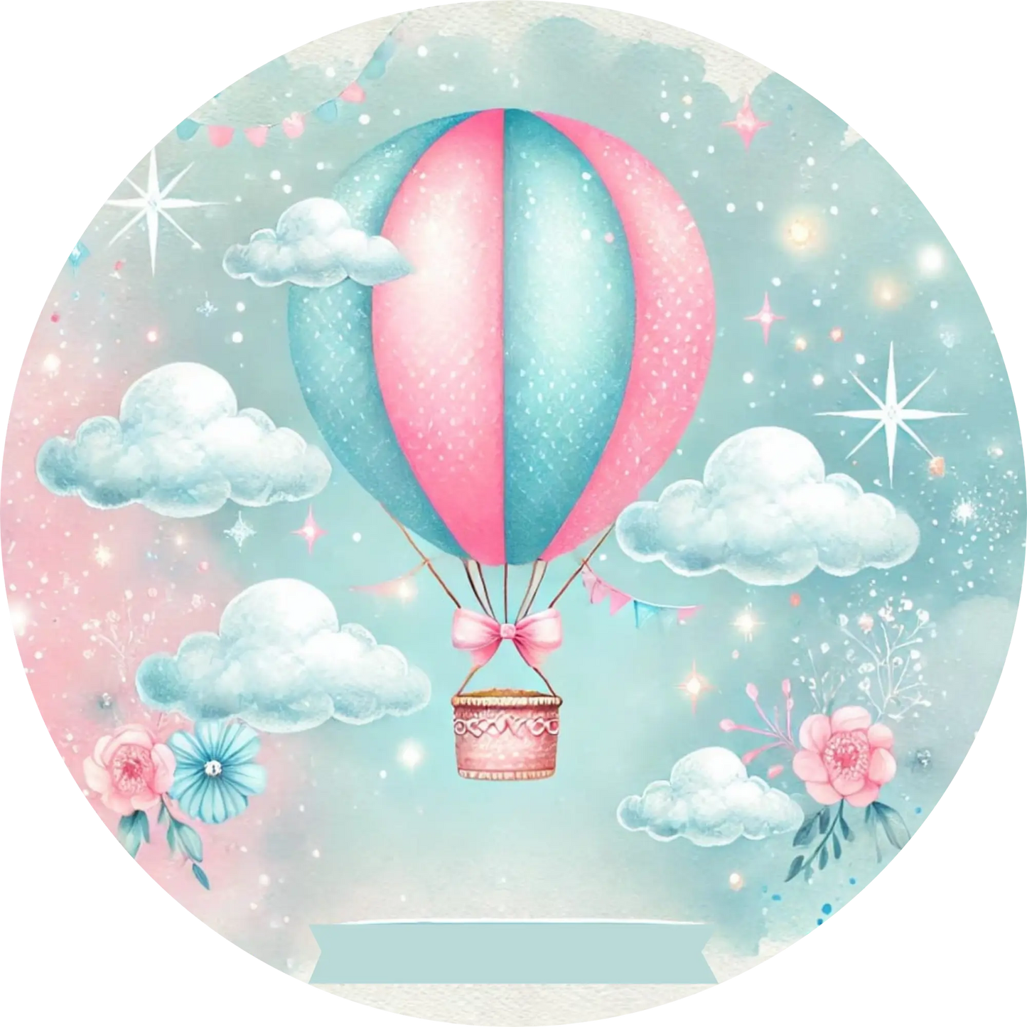 Rosa und blauer Heißluftballon mit Himmelshintergrund – liebevolles Baby-Design
