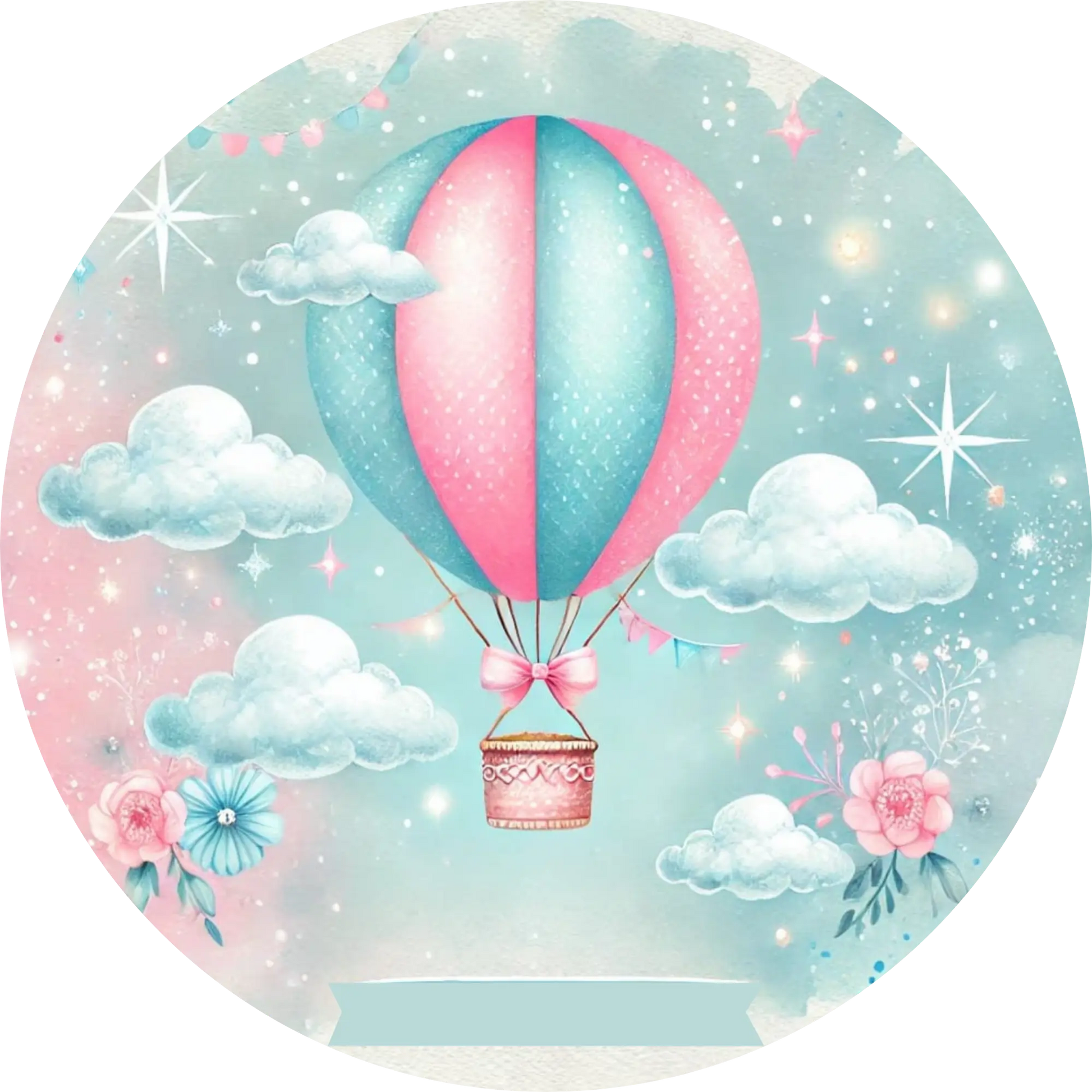 Rosa und blauer Heißluftballon mit Himmelshintergrund – liebevolles Baby-Design
