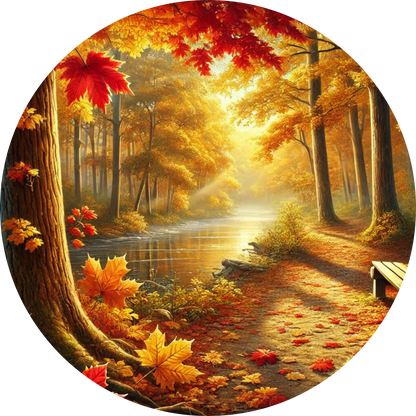 Herbstlicher Wald mit buntem Laub, leuchtend orangefarbenen Blättern und einem ruhigen Flusslauf bei Sonnenlicht.