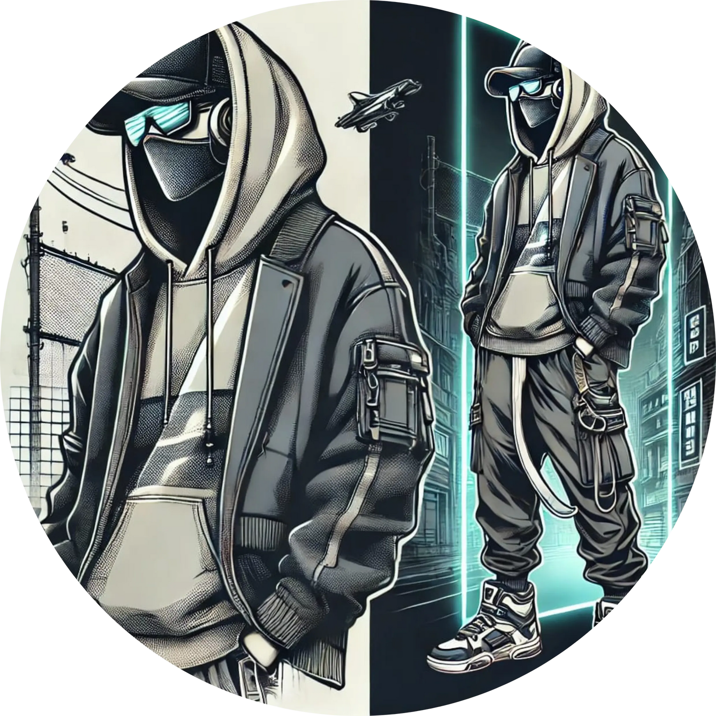 Zwei Jugendliche in Kapuzenjacken in urbanem Schwarz-Weiß-Stil.