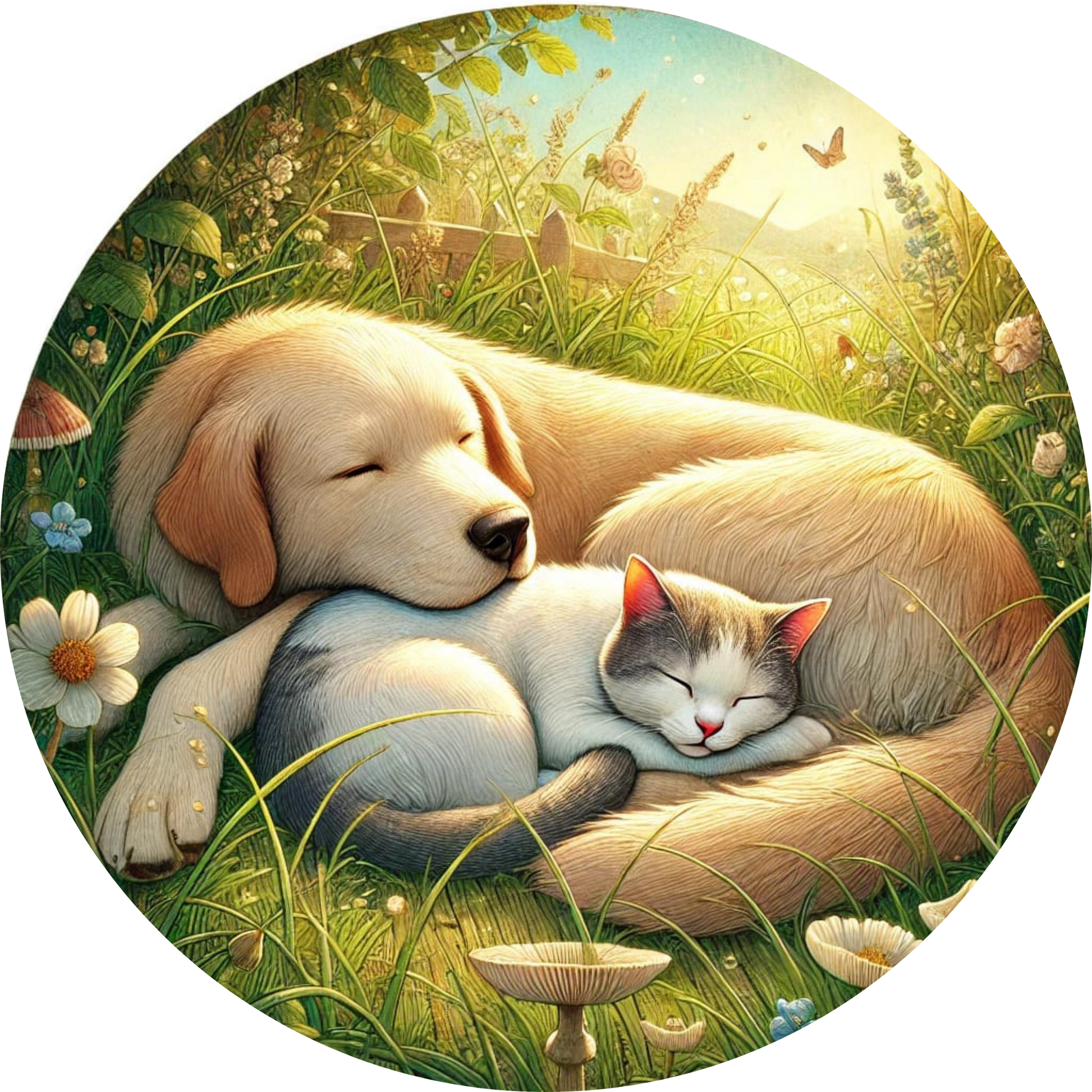 Hund und Katze liegen gemütlich nebeneinander im Gras