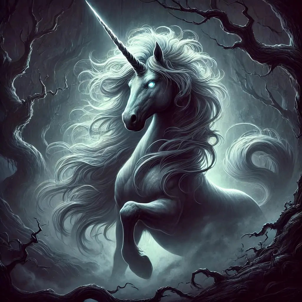 Einhorn mit leuchtender Mähne und Horn im Stil von Dark Fantasy