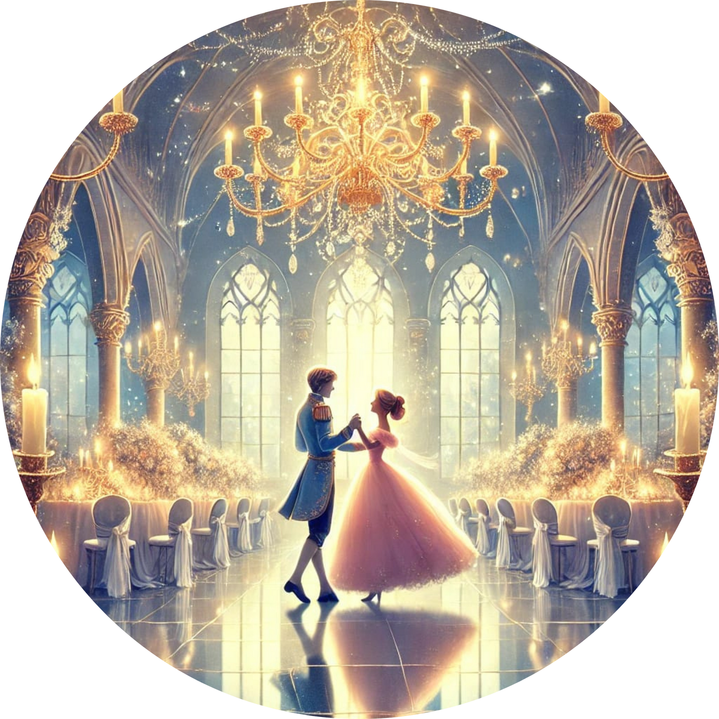 Prinz und Prinzessin tanzen unter Kronleuchtern im Ballsaal