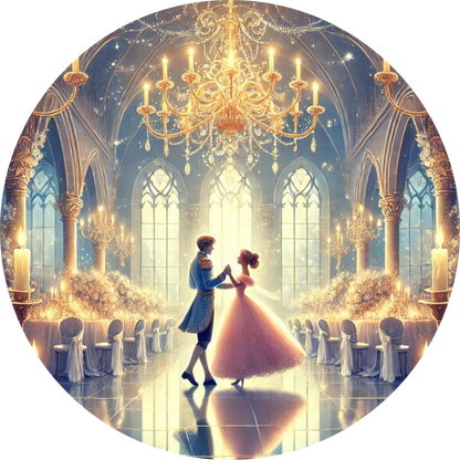 Prinz und Prinzessin tanzen unter Kronleuchtern im Ballsaal