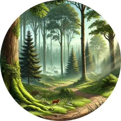 Märchenhafter Wald mit hohen, sonnenbeschienenen Bäumen, weichem Moos und einem kleinen Reh im Hintergrund.