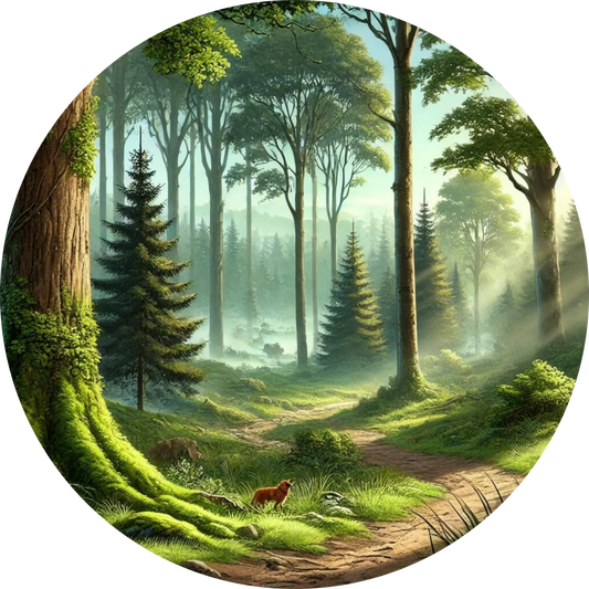 Märchenhafter Wald mit hohen, sonnenbeschienenen Bäumen, weichem Moos und einem kleinen Reh im Hintergrund.