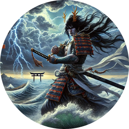 Dunkler Samurai mit Schwert vor tosender Küste – dramatische Szene in japanischer Legende