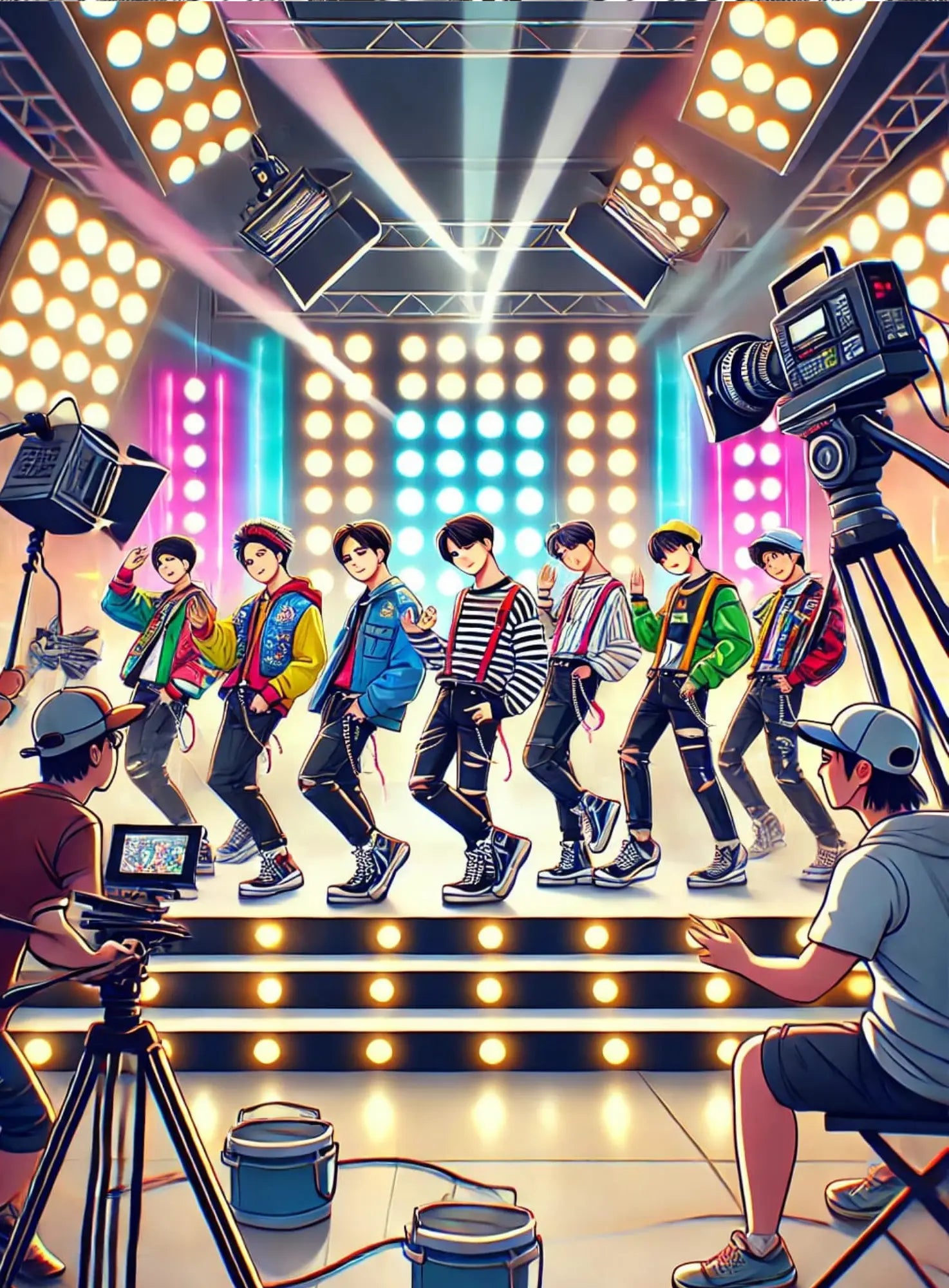 K-Pop-Tänzer auf der Bühne:
Eine energiegeladene Illustration einer Tanzgruppe auf der Bühne mit grellen Scheinwerfern – stylische Darstellung des K-Pop-Lifestyles.