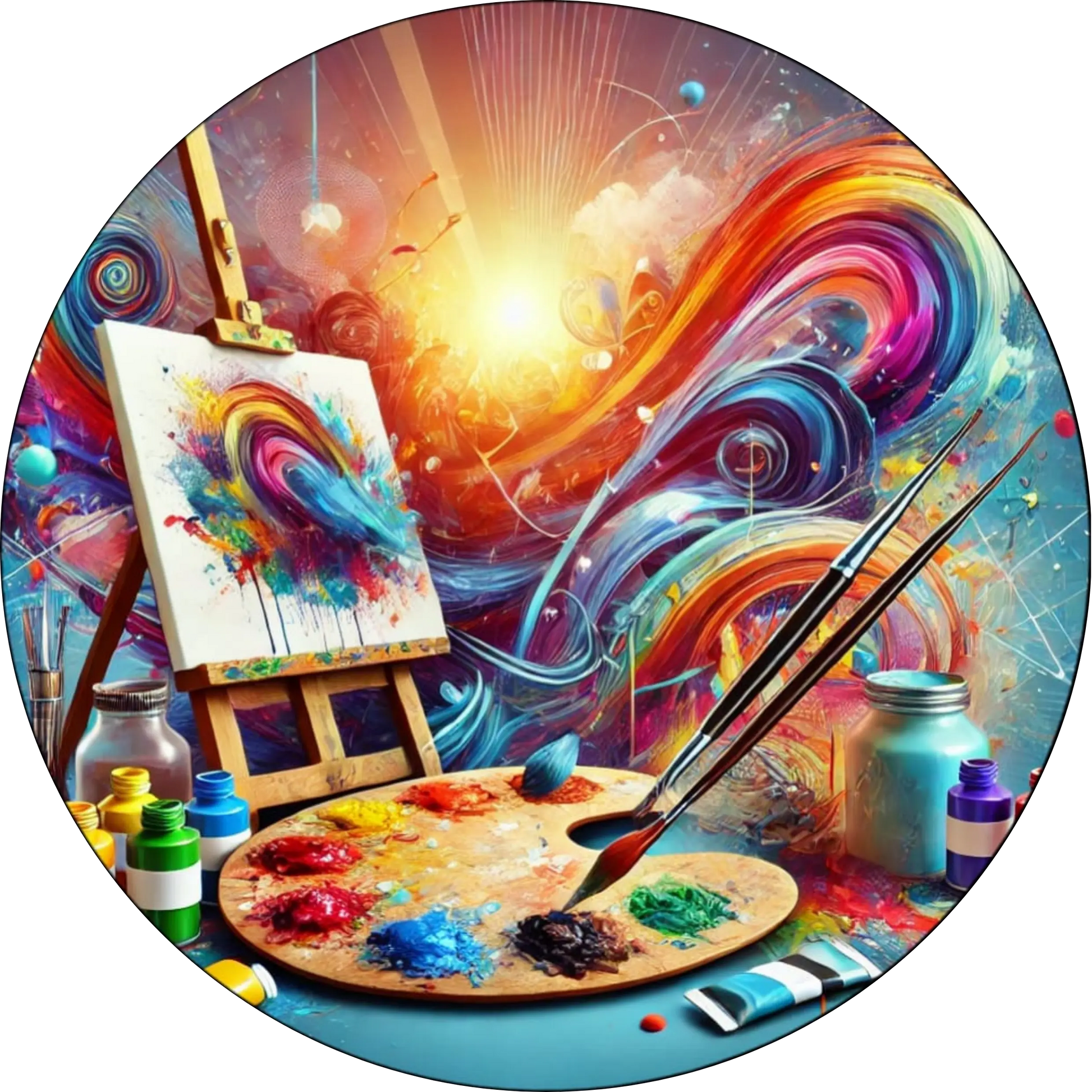 Künstlerisches Stillleben mit Staffelei, Farbpalette und leuchtender Galaxie im Hintergrund – symbolisiert Kreativität und Kunst.