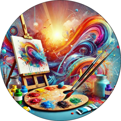Künstlerisches Stillleben mit Staffelei, Farbpalette und leuchtender Galaxie im Hintergrund – symbolisiert Kreativität und Kunst.