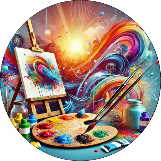 Künstlerisches Stillleben mit Staffelei, Farbpalette und leuchtender Galaxie im Hintergrund – symbolisiert Kreativität und Kunst.
