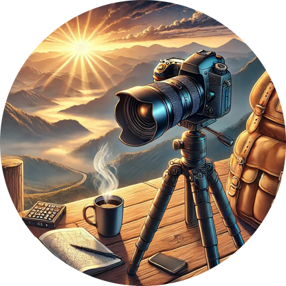 Profi-Kamera mit Teleobjektiv auf Stativ, im Hintergrund Sonnenuntergang über dem Meer.