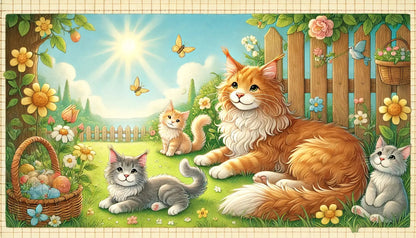 Katzenfamilie mit spielenden Kätzchen in sonnigem Garten mit Blumen.
