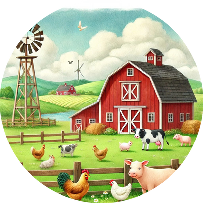 Klassischer Bauernhof mit Tieren vor Windmühle und Feld