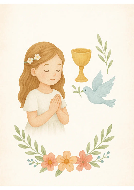 Kommunionmädchen mit Kelch, Blumen und Sonne – warmes religiöses Motiv