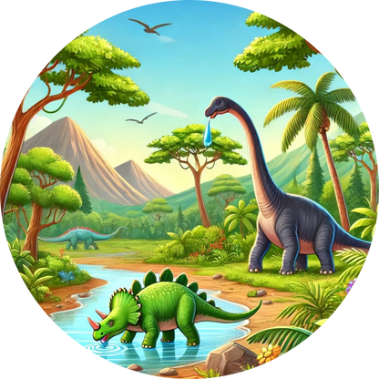  Langhals und kleiner Dino in Urwaldkulisse mit Palmen – helle, freundliche Farben