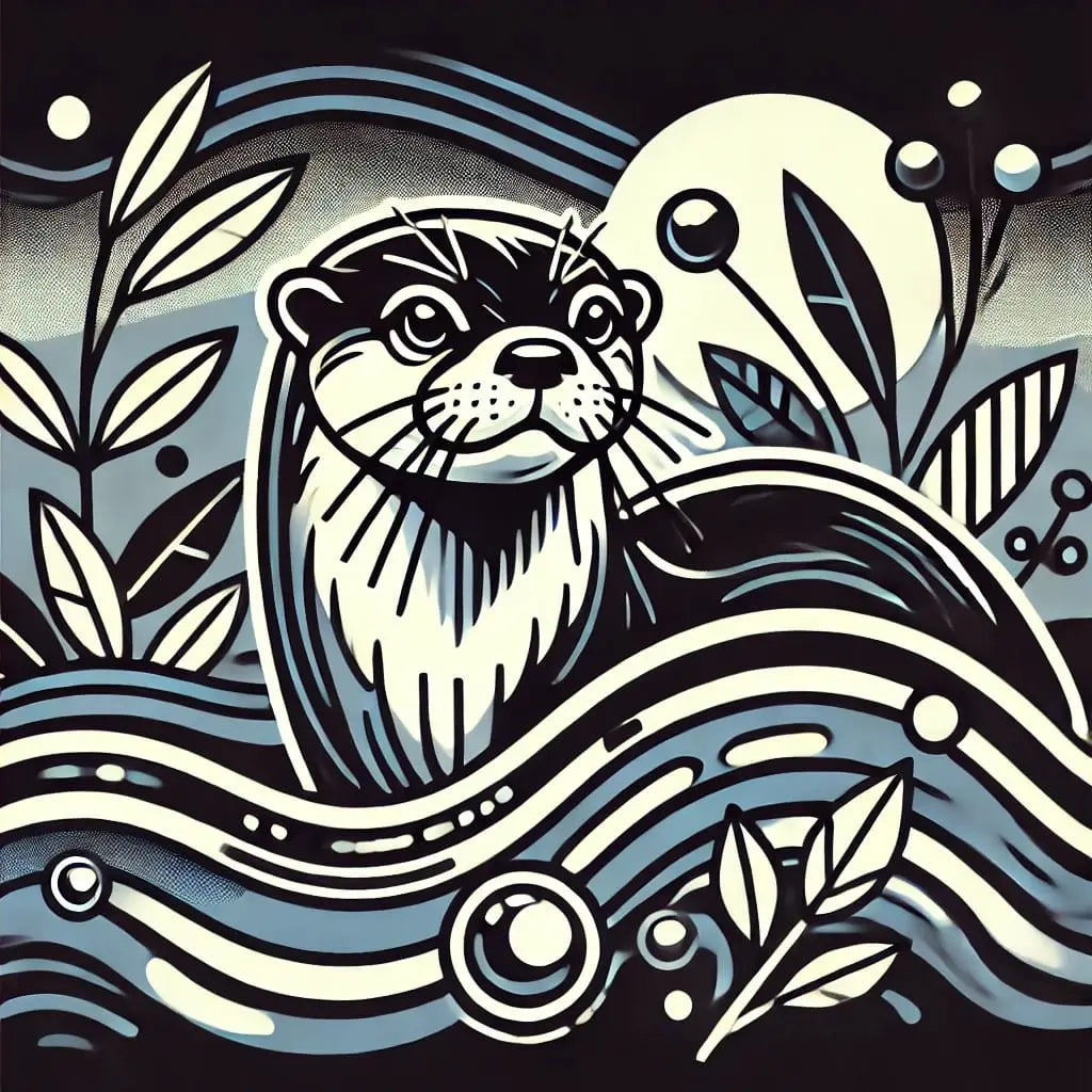 Otter im schwarz-weißen Linolschnitt-Stil mit Wellenmotiv im Hintergrund