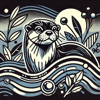 Otter im schwarz-weißen Linolschnitt-Stil mit Wellenmotiv im Hintergrund
