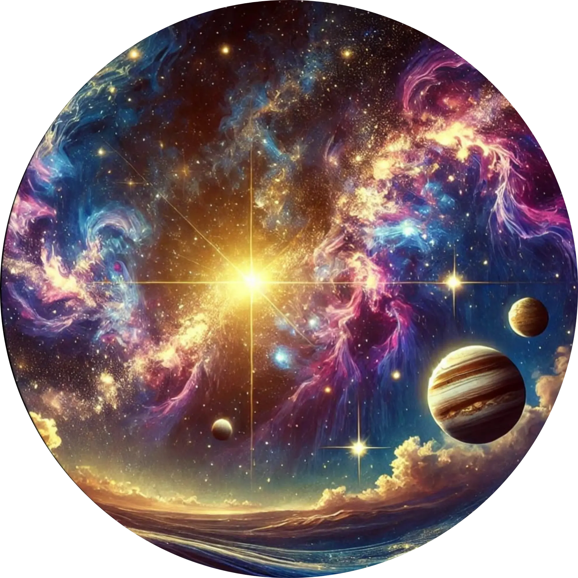 Magische Galaxie mit Planeten, Nebeln und leuchtenden Sternen auf dunklem Hintergrund