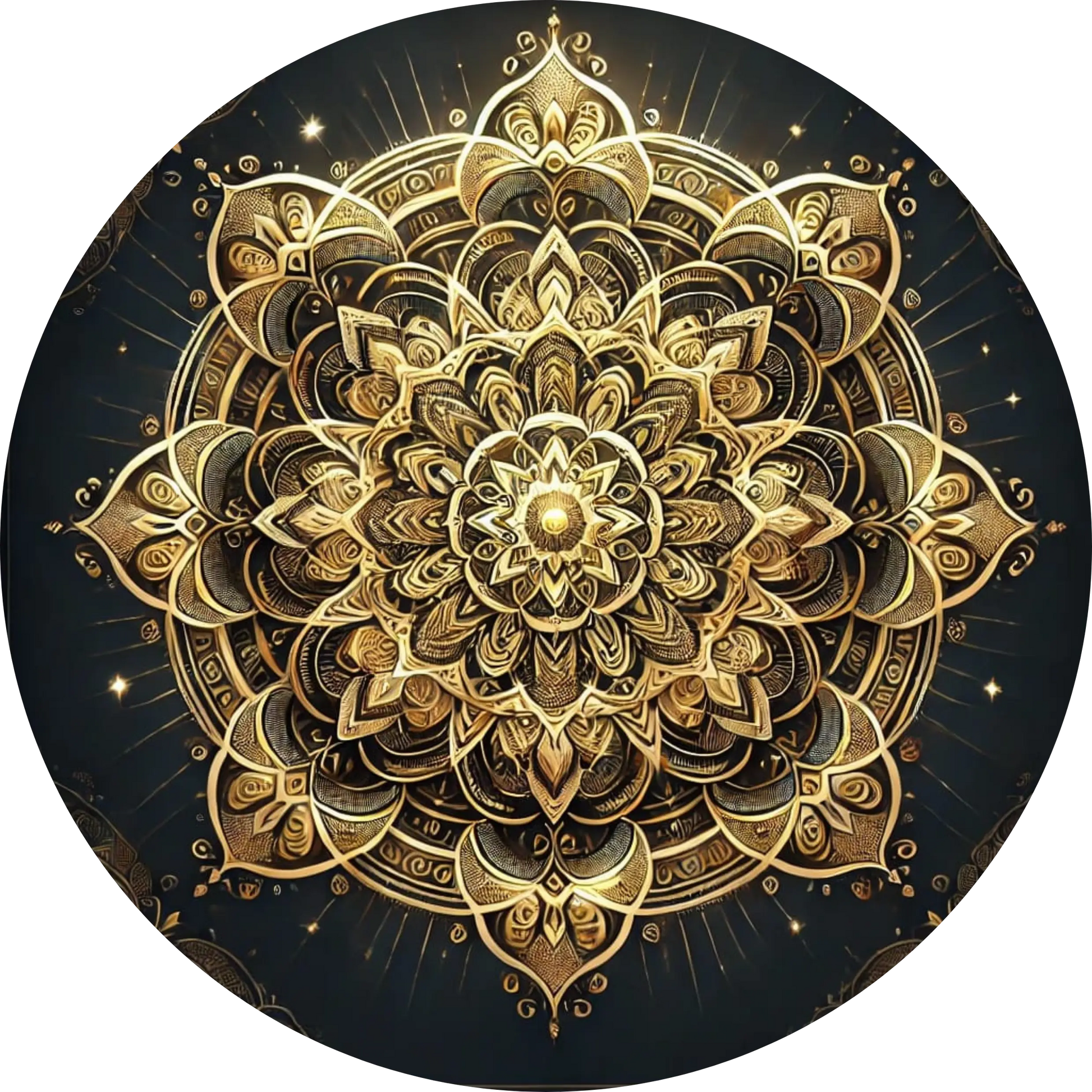 Goldenes Mandala mit floralen Details auf dunklem Grund