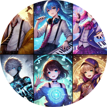 Collage aus Mangafiguren in leuchtenden Farben – Musik, Technik, Action

