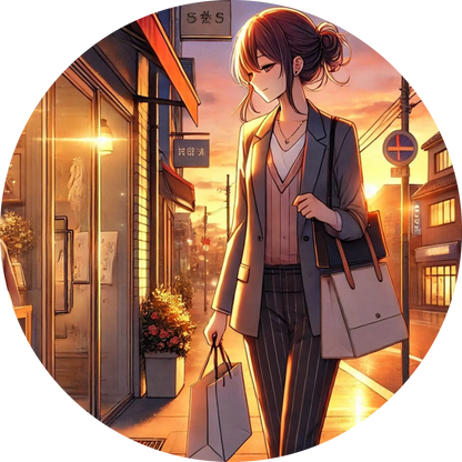 Manga-Schülerin mit Tasche vor japanischer Gasse bei Abendlicht