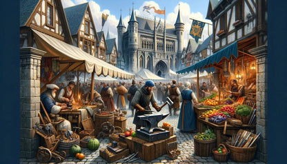 Lebendiger Mittelaltermarkt mit Händlern, Handwerkern und Fachwerkhäusern – im Hintergrund ragen die Türme einer Stadt auf
