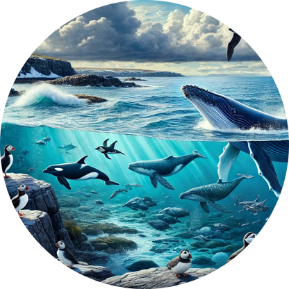 Szenisches Meerbild mit Walen, Haien, Rochen und Möwen über der Wasseroberfläche.