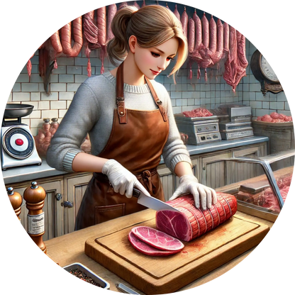 Metzgerin schneidet Fleisch hinter einer Theke mit Wurstwaren und Schneidemaschine