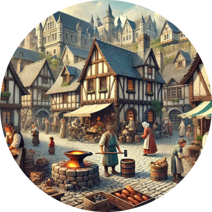 Mittelalterlicher Stadtkern mit Fachwerkhäusern und belebtem Marktplatz.