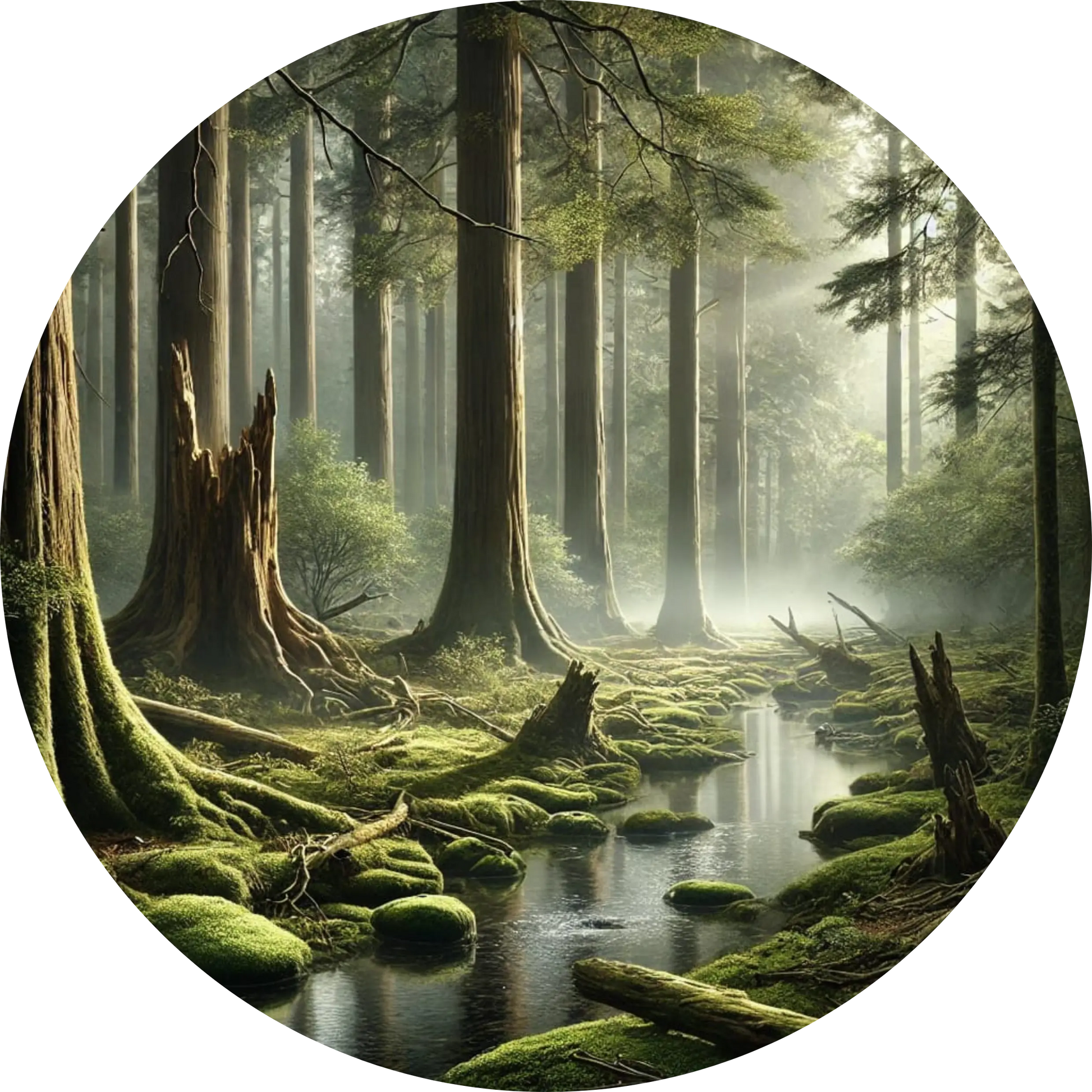 Stillgelegener Wald mit Moospfaden, stehenden Wasserflächen und weichem Licht zwischen den Bäumen.