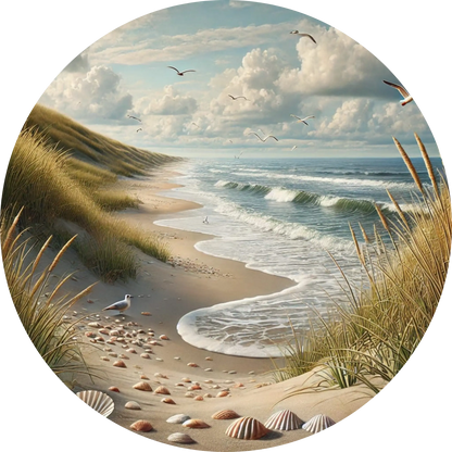 Dünenlandschaft mit Gräsern und Muscheln, Weitblick über das Meer im warmen Licht.