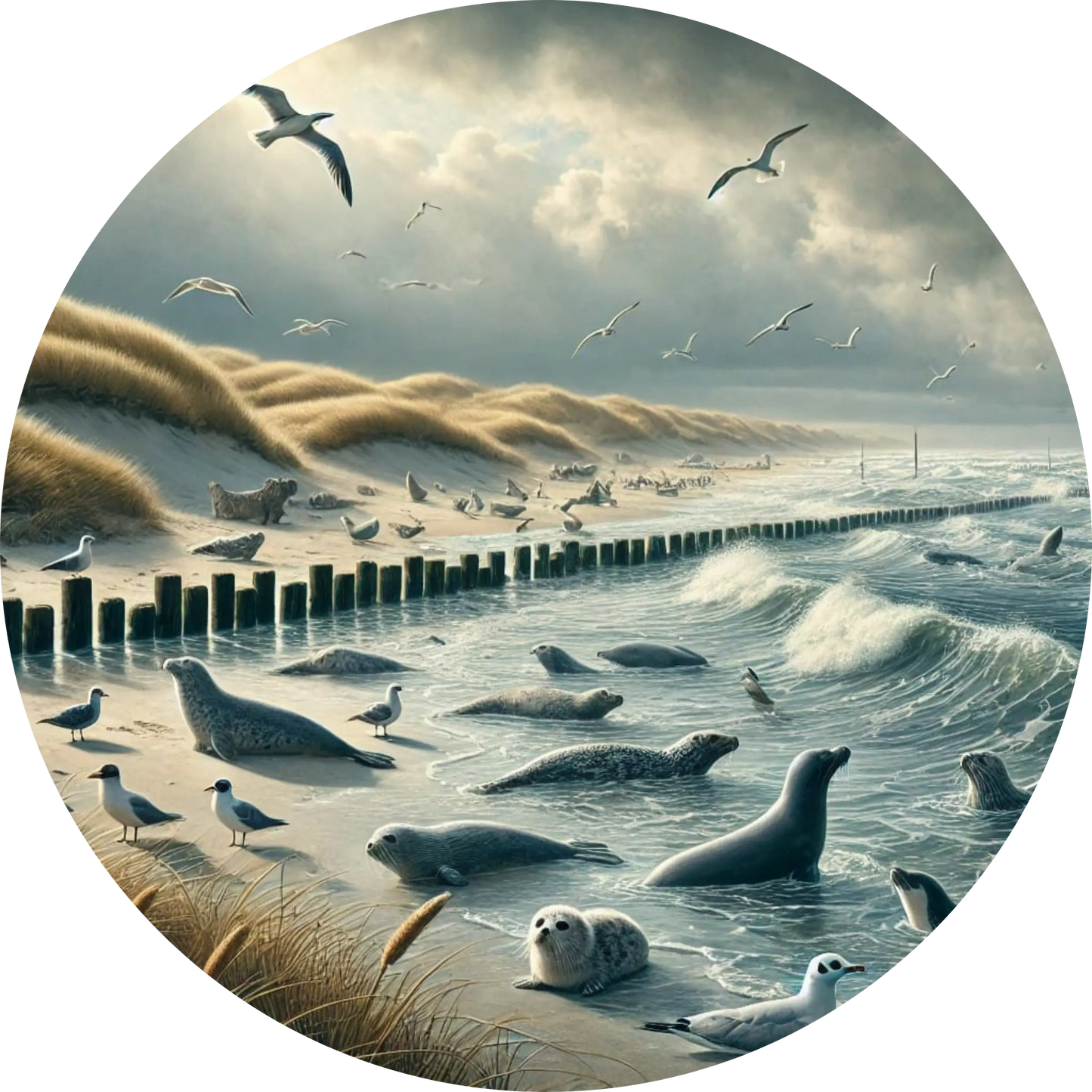 Küstenlandschaft mit Dünen, Seemöwen und Seehunden am Strand unter bewölktem Himmel.