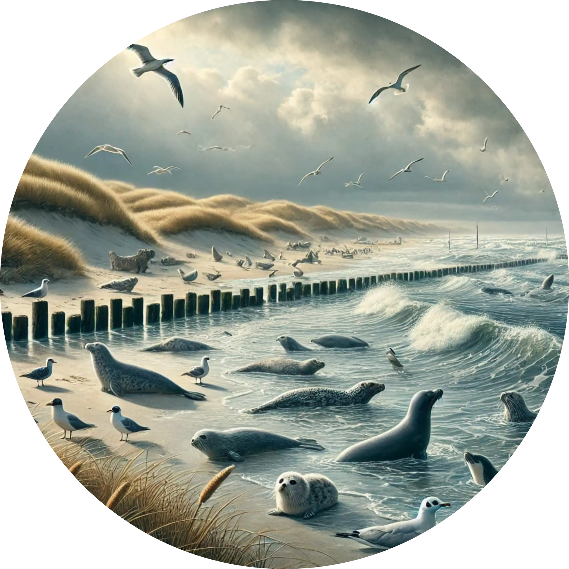 Küstenlandschaft mit Dünen, Seemöwen und Seehunden am Strand unter bewölktem Himmel.