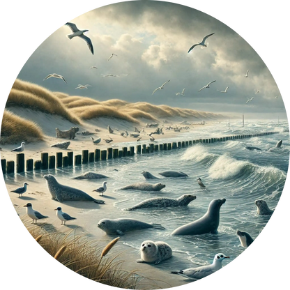 Küstenlandschaft mit Dünen, Seemöwen und Seehunden am Strand unter bewölktem Himmel.