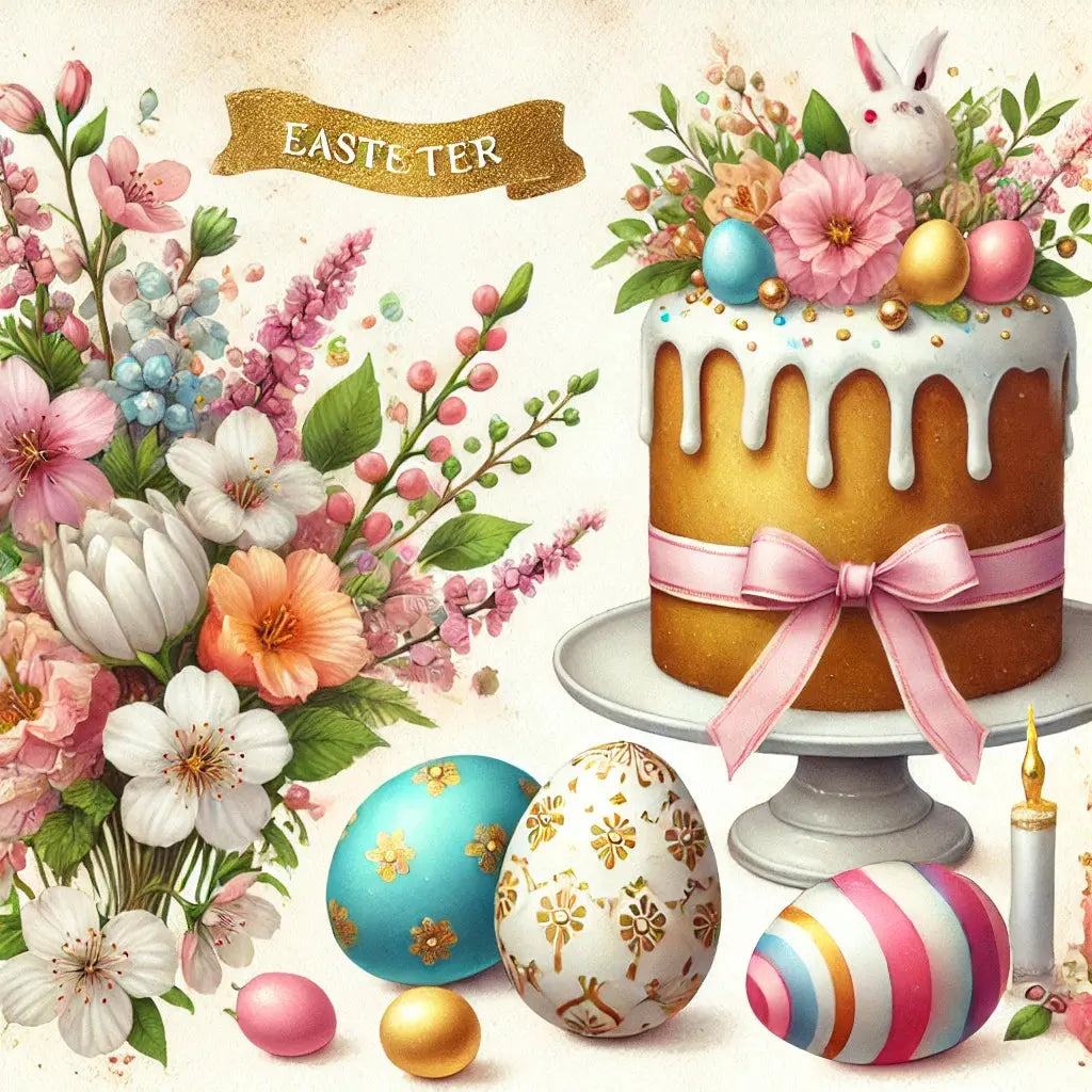 Ostertorte mit Blumen und bunten Eiern, liebevoll dekoriert im Vintage-Stil mit „Easter“-Banner.