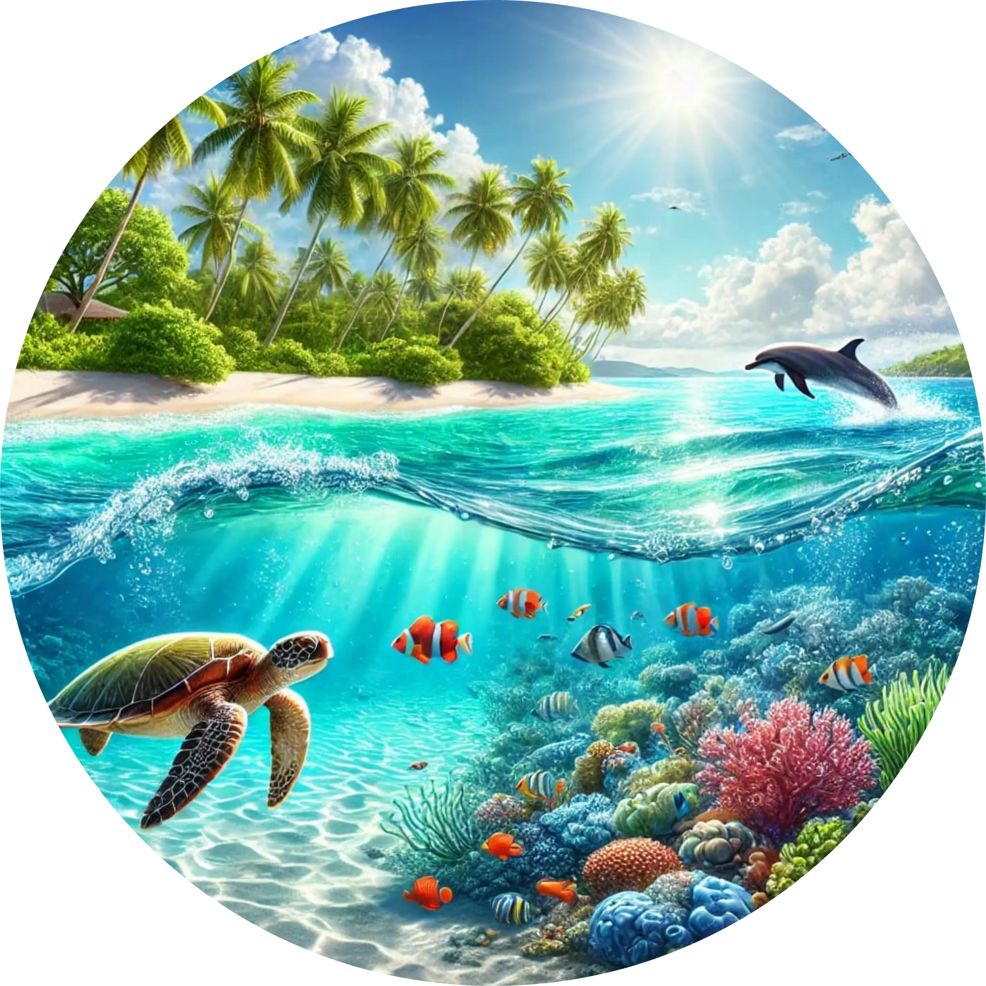 Tropische Unterwasserwelt mit Schildkröte, Fischen, Riff und Palmeninsel über Wasser.