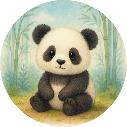 Pandababy mit großen schwarzen Augen auf Blumenwiese
