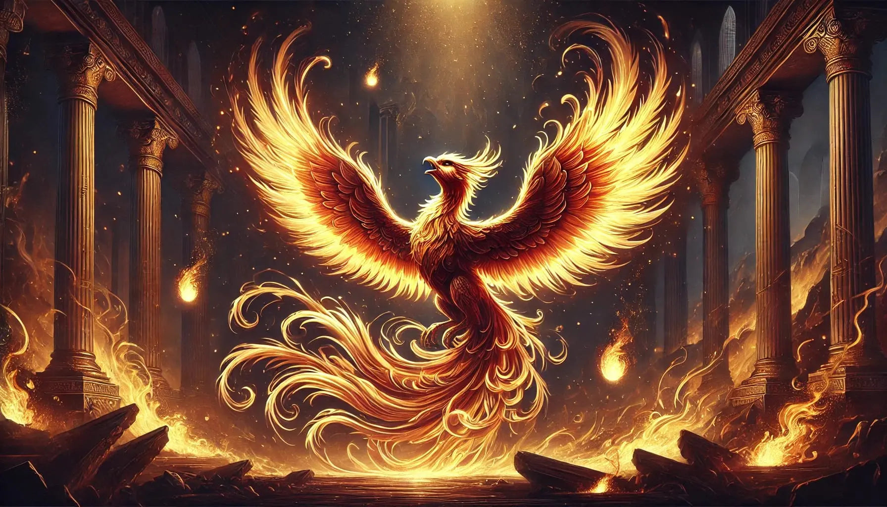 Phönix auf Wolkenkissen, leuchtend mit breiten Schwingen und goldenem Himmel