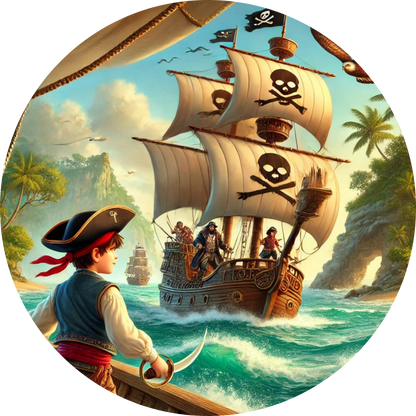 Segelndes Piratenschiff auf hoher See bei Sonnenuntergang