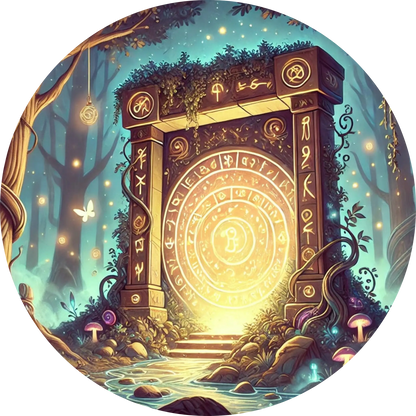 Leuchtendes Portal mit Runen in dunkler Baumumgebung