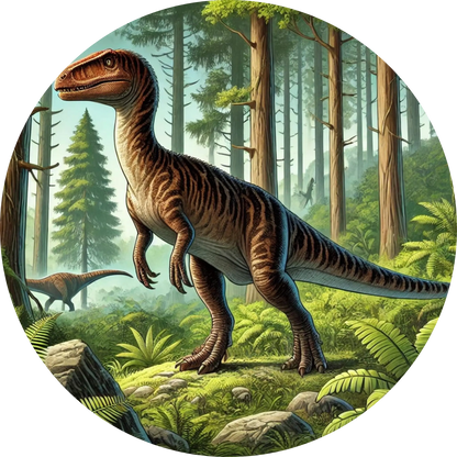 Dinosaurier mit schlankem Körperbau läuft durch einen Nadelwald – naturalistische Darstellung