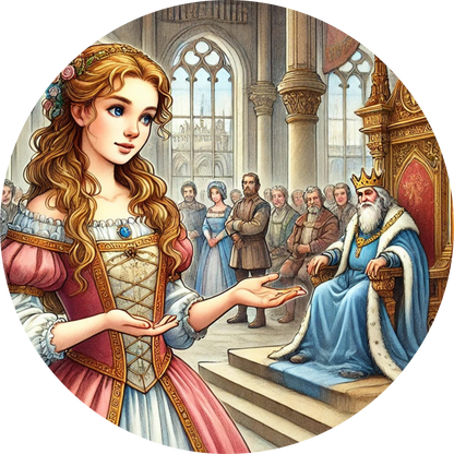 Rapunzel mit langen Haaren in einem Thronsaal vor Hofdamen