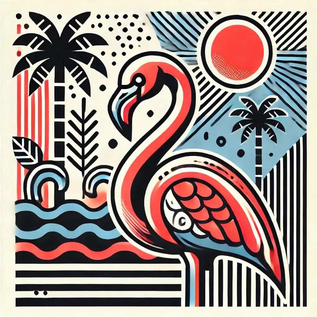 Flamingo im Retro-Illustrationsstil mit Sonnenuntergang & Ornamentik