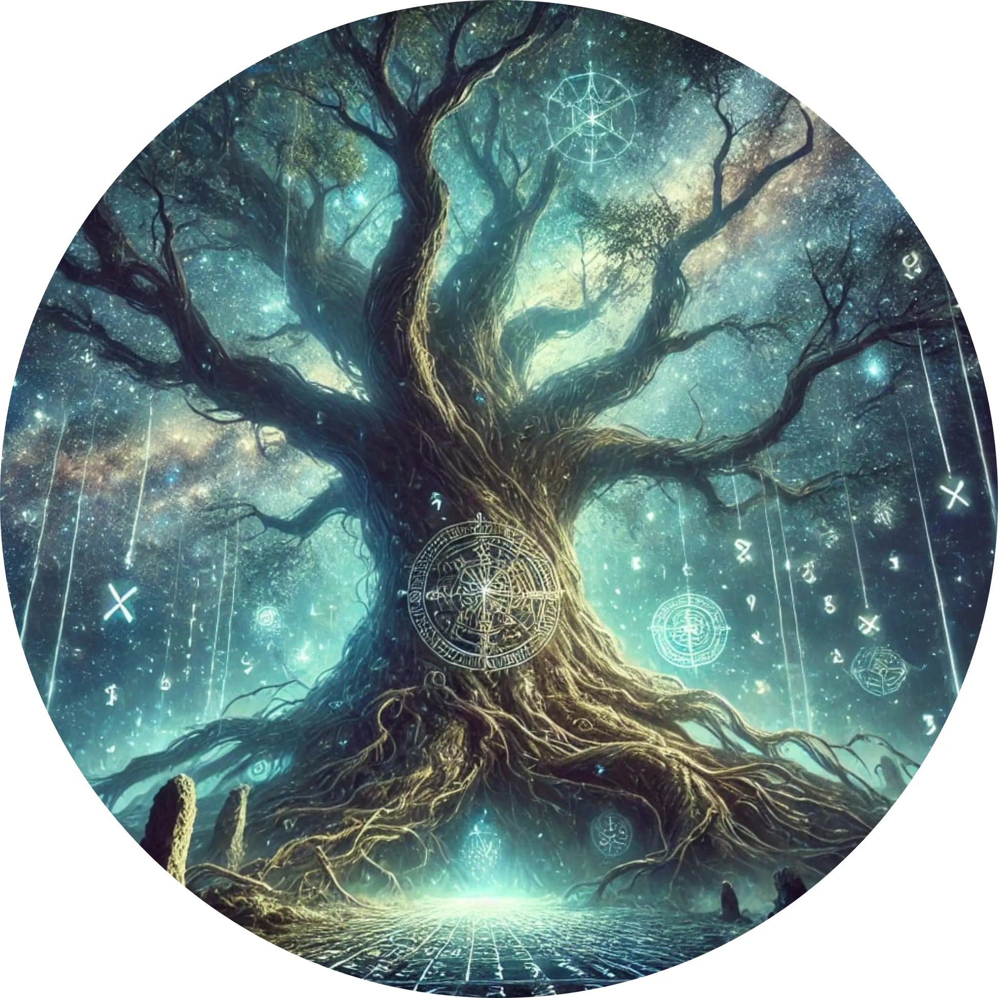 Mystischer Runenbaum – verwurzelt in kosmischer Energie, von nordischen Schriftzeichen umgeben.
